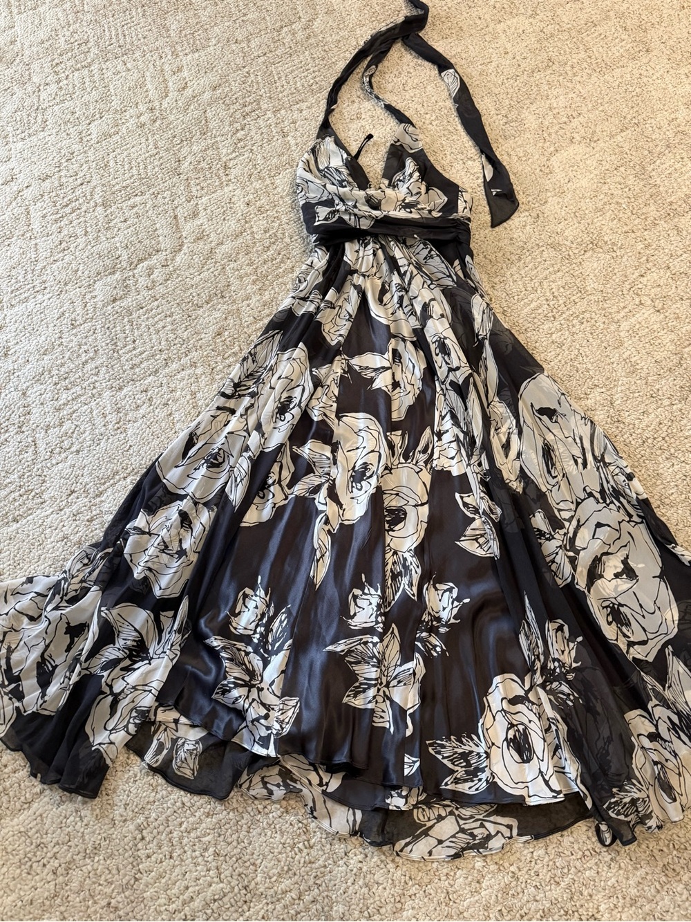 Charcoal Gray & White Floral Halter Maxi Dress